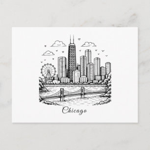 Schwarze Linie Chicago Illustration Postkarte