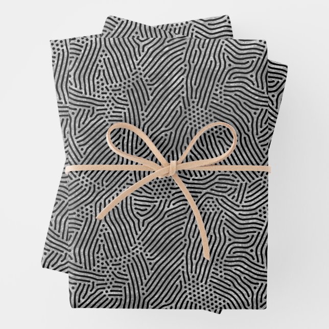 Schwarze Linien Punkte Silber Imitate Foil Geschenkpapier Set (Beispiel)