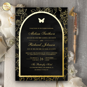 Schwarze Linienkunst Bogen Schmetterling Hochzeit Folieneinladung