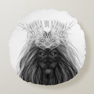 Schwarze Löwe mit Antlerkrone und Monogramm Rundes Kissen