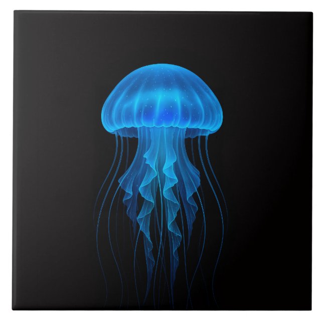 Schwarze Luxe-Fliese 4 mit Neonblauer Qualle Fliese (Vorderseite)