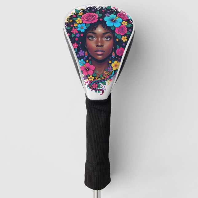 Schwarze Mädchen Golf leuchtende Blumen Headcover (Vorderseite)
