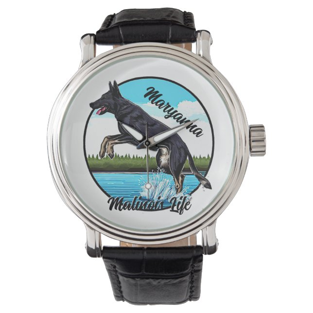 Schwarze Malinois im Wasser Armbanduhr (Vorderseite)