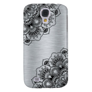 Schwarze Mandala auf silber gebürstetem Aluminium Galaxy S4 Hülle