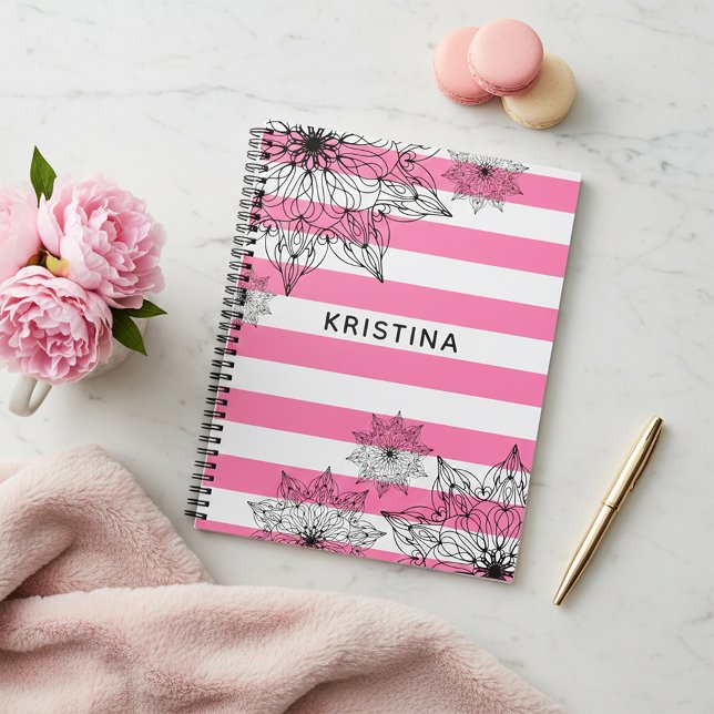 Schwarze Mandalase auf rosa und weiße Streifen Planer (Von Creator hochgeladen)