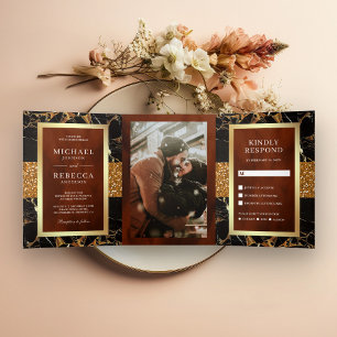 Schwarze Marmor-Gold-Glitter-Terrakotta-Hochzeit Dreifach Gefaltete Einladung