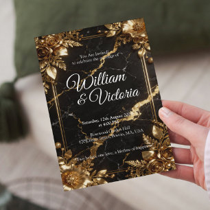 Schwarze Marmor-Hochzeitseinladung mit goldenem Ak Einladung