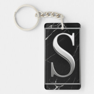 ⚜️ Schwarze Marmor Silber S Monogramm Rahmen 🔑 Schlüsselanhänger
