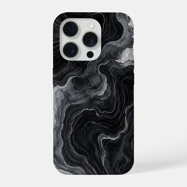 Schwarze Marmor-Strudel-Handyhülle iPhone 15 Pro Hülle (Rückseite)