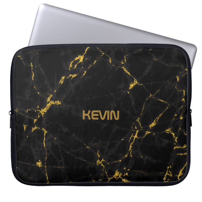 Schwarze Marmorsteine Textur Gold Akzente Laptopschutzhülle (Vorderseite)