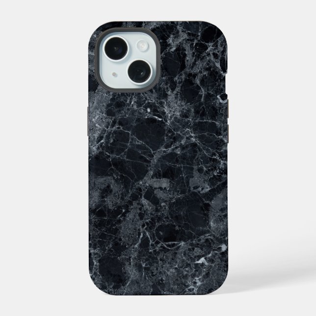 Schwarze Marmortextur iPhone 15 Hülle (Rückseite)