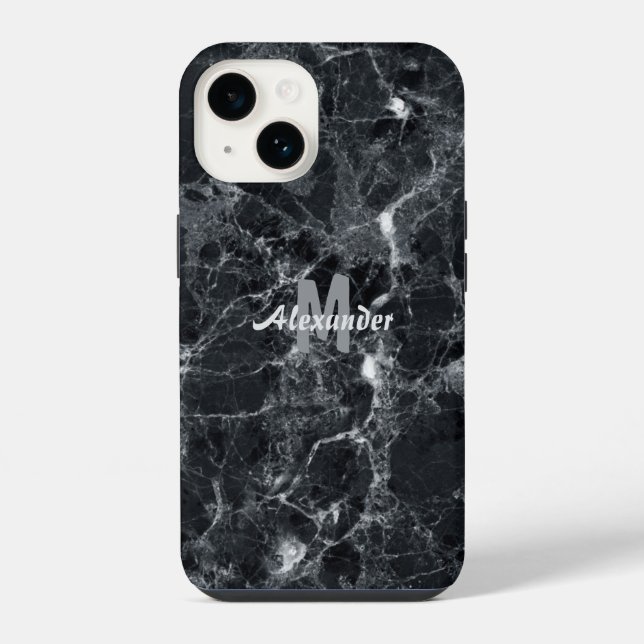 Schwarze Marmortextur Monogramm Name iPhone 14 Hülle (Rückseite)