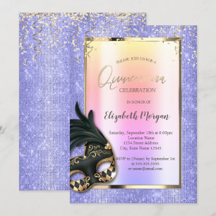 Schwarze Masken-Maskerade Lavendel Quinceañera Einladung