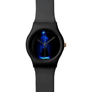 Schwarze Mattuhr mit blauer nebeliger Gitarre Armbanduhr