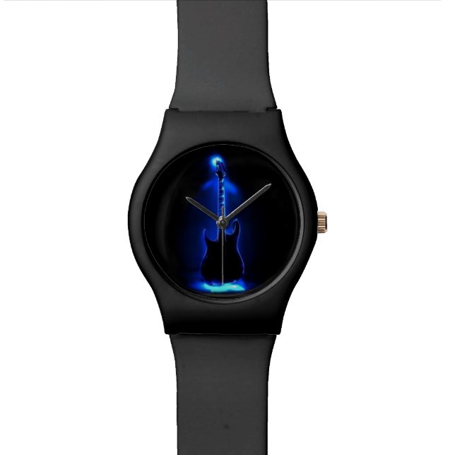 Schwarze Mattuhr mit blauer nebeliger Gitarre Armbanduhr (Nahaufnahme)