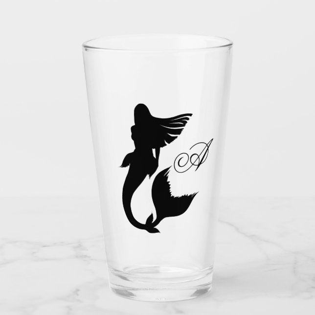 Schwarze Meerjungfrau-Silhouette und Monogramm-Skr Glas (Vorderseite)