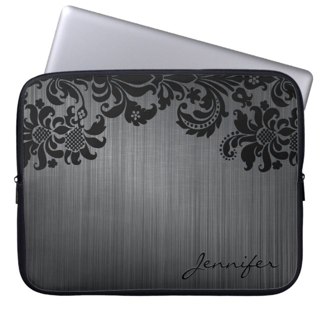 Schwarze Metallbürste aus Aluminium und Damasken a Laptopschutzhülle (Vorderseite)