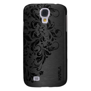 Schwarze Metallic-Textur und schwarze Blütenspitze Galaxy S4 Hülle