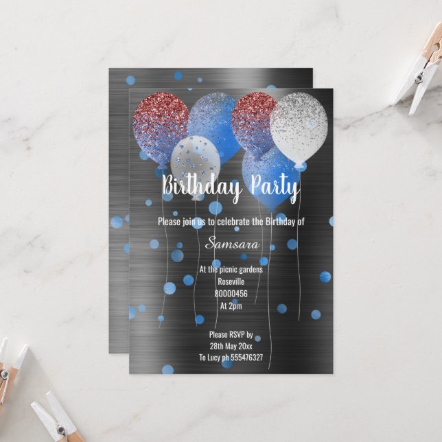 SCHWARZE METALLIK UND BLAUER GEBURTSTAG BALLOON SP EINLADUNG (Vorderseite/Rückseite Beispiel)