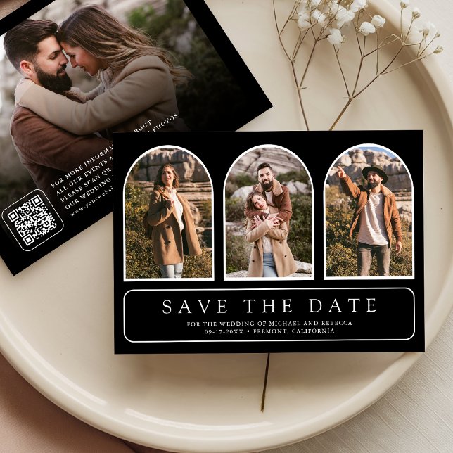Schwarze Minimalistische Bogen-Foto-Collage QR-Cod Save The Date (Von Creator hochgeladen)