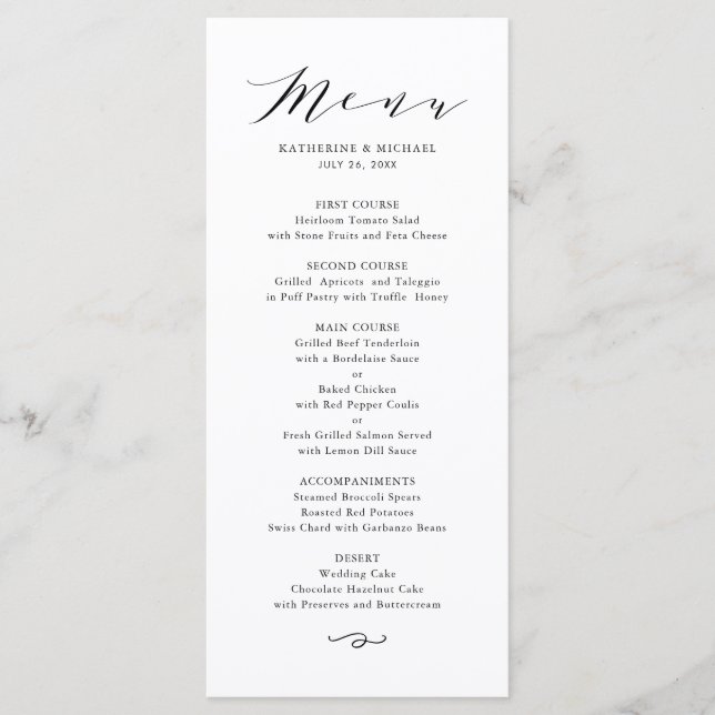 Schwarze Minimalistische Dainty-Script-Hochzeit Menükarte (Vorderseite)