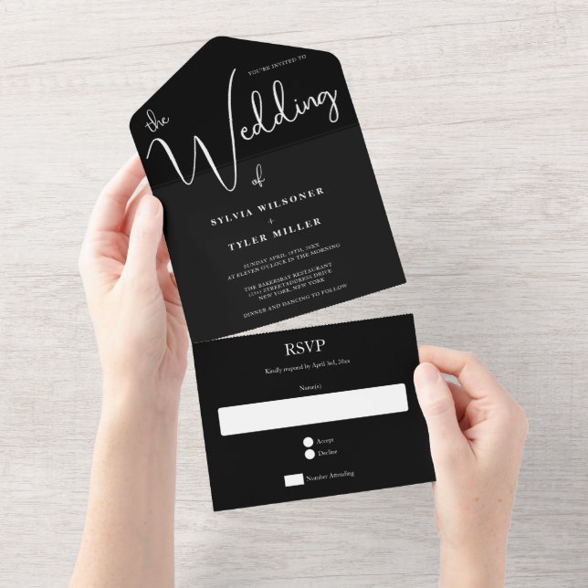 Schwarze Minimalistische Hochzeit All In One Einladung (Abreißtisch)