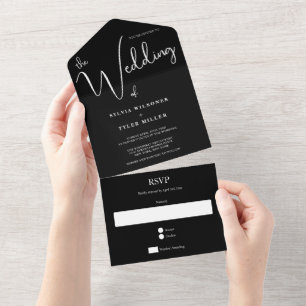 Schwarze Minimalistische Hochzeit All In One Einladung