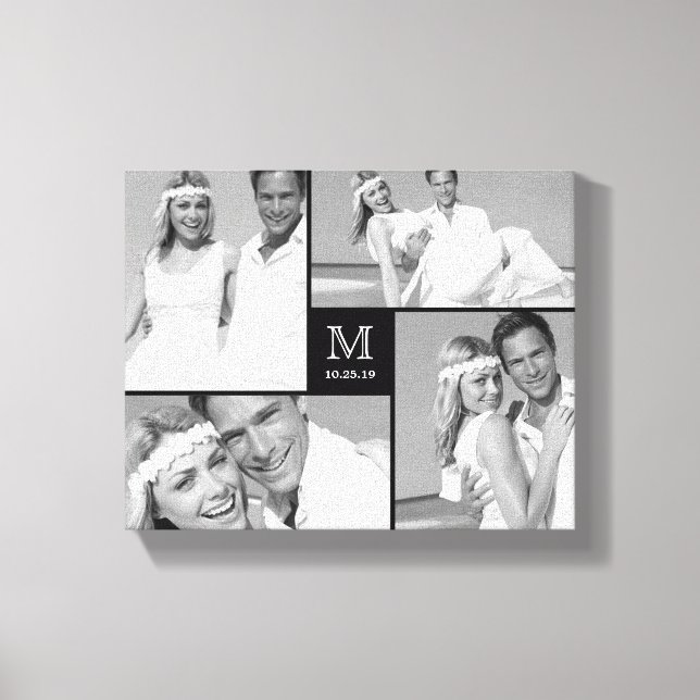 Schwarze Minimalistische Monogramm Hochzeit 4 Foto Leinwanddruck (Vorderseite)