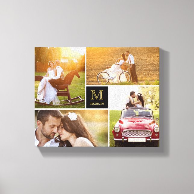 Schwarze Minimalistische Monogramm Hochzeit 4 Foto Leinwanddruck (Vorderseite)