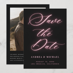 Schwarze minimalistische rosa Neon-Foto- und QR-Co Save The Date