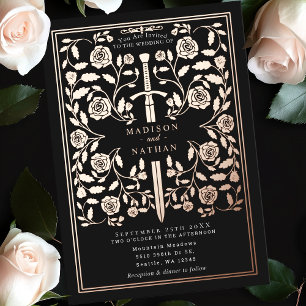 Schwarze mittelalterliche Rosen-Gold-Schwert-Hochz Folieneinladung