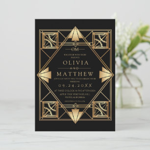 Schwarze moderne Art Deco Hochzeitseinladung Einladung