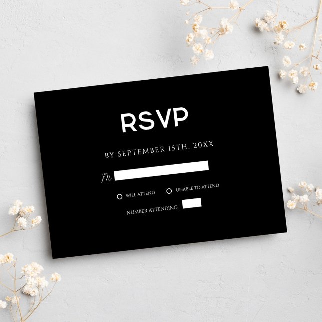 Schwarze Moderne Elegante RSVP Karte (Black Modern Elegant Minimal Wedding RSVP Card)