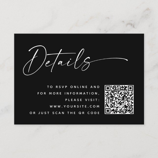 Schwarze, moderne Minimalistische Hochzeitdetails  Begleitkarte (Vorderseite)