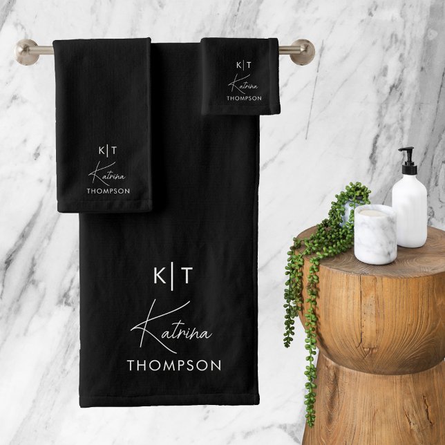 Schwarze moderne Signature-Script-Monogramm Badhandtuch Set (Von Creator hochgeladen)