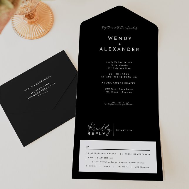Schwarze, moderne Skripte Hochzeit alles in einer  All In One Einladung (Von Creator hochgeladen)