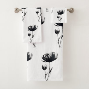 Schwarze Mohnblumen Abstrakte Blumen Floraler Gart Badhandtuch Set
