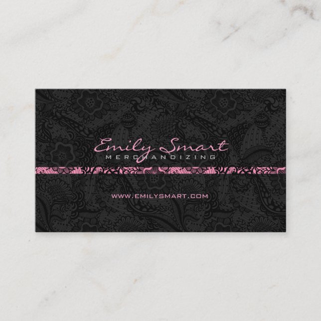 Schwarze monochromatische Floral Lace Pink Akzente Visitenkarte (Vorderseite)