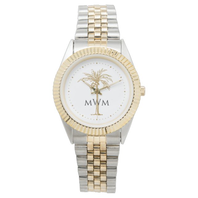 Schwarze Monogram Artistic Golden Palm Tree Tropic Armbanduhr (Vorderseite)
