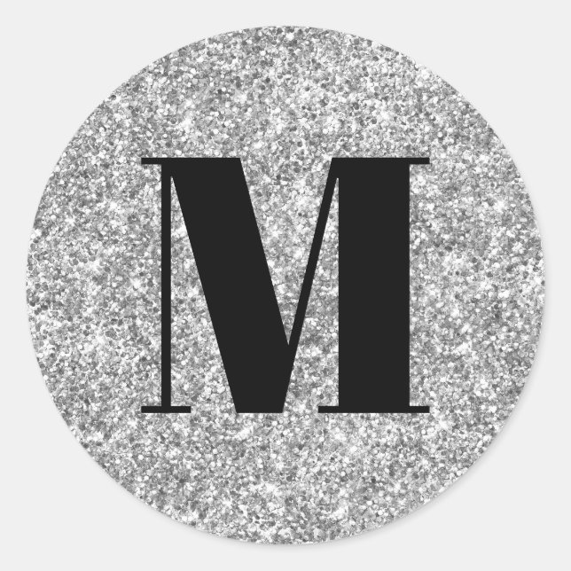 Schwarze Monogramm auf Imitaten Silver Glitzer Runder Aufkleber (Vorderseite)