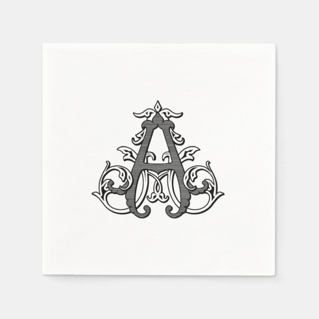 Schwarze Monogramm-Cocktailservietten mit "A" Serviette (Vorderseite)