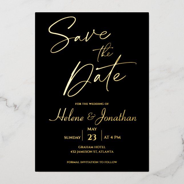 Schwarze Monogramm-Goldfolie Save the Date Einladu Folieneinladung (Vorderseite)