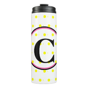 Schwarze Monogramm rosa Gelbe Polka-Punkte Thermosbecher