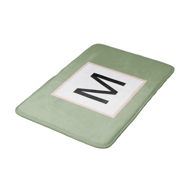 Schwarze Monogramm-Sage Grün und Blush Badematte (Schrägansicht)