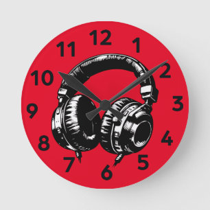 Schwarze Musik Kopfhörer DJ  Runde Wanduhr