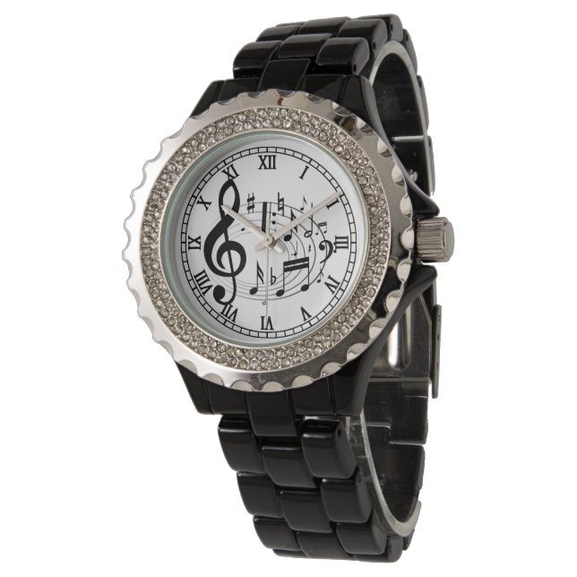 Schwarze musikalische Noten in Oval-Form Armbanduhr (Schrägansicht)