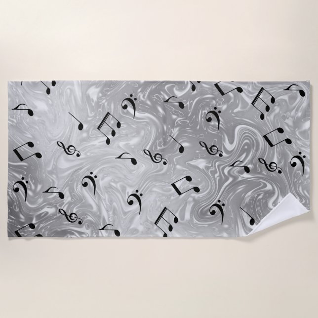 schwarze Musiknoten in silberfarbenem Strandtuch (Vorderseite)