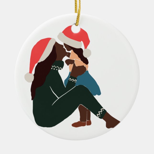 Schwarze Mutter/Tochter Weihnachten Keramik Ornament (Vorne)