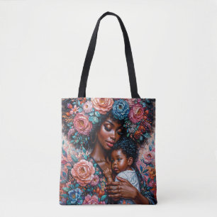 Schwarze Mutter und Kind Blumenportrait Art Tasche