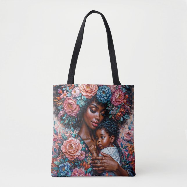 Schwarze Mutter und Kind Blumenportrait Art Tasche (Vorderseite)